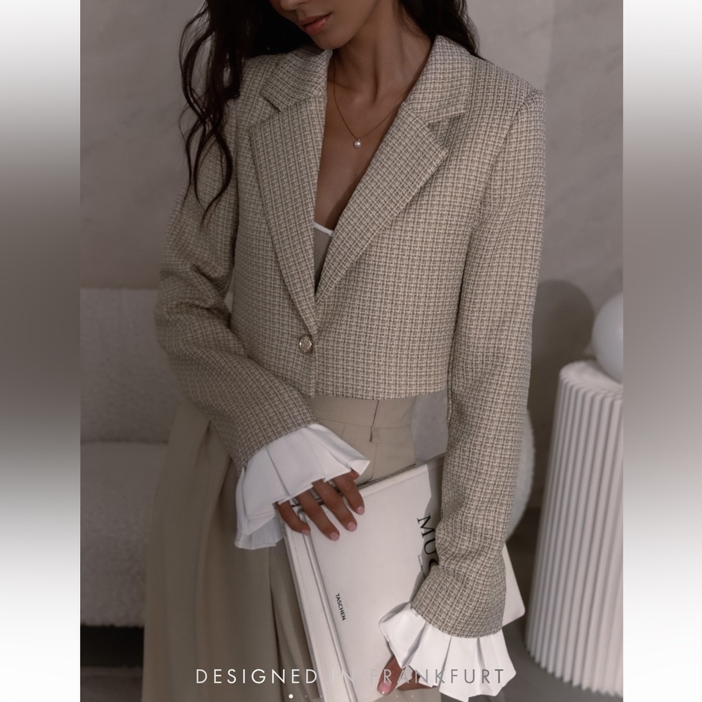 Cropped Tweed Blazer with Blouse Sleeves
